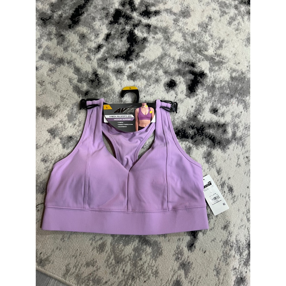 Avia Womens V-Neck Rib Sports Bra Medium Support Racerback‎ Purple Large NWT